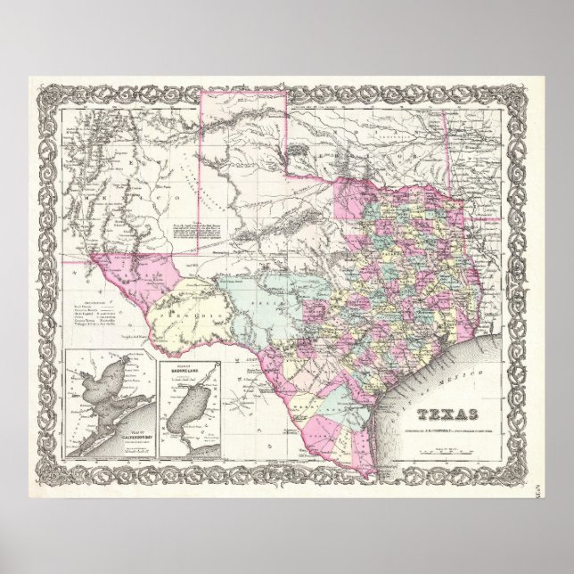 Póster Mapa do Texas (1855) (Frente)