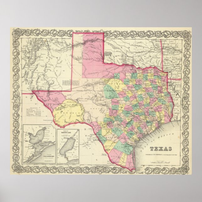 Póster Mapa do Texas (1856) (Frente)