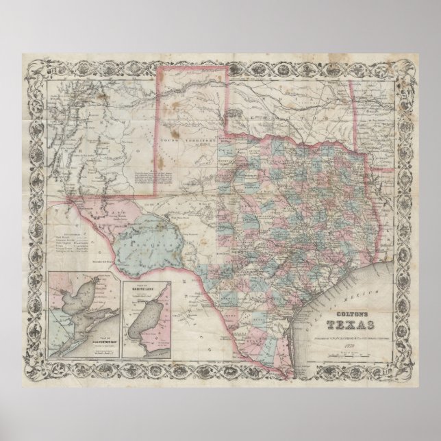 Póster Mapa do Texas (1870) (Frente)