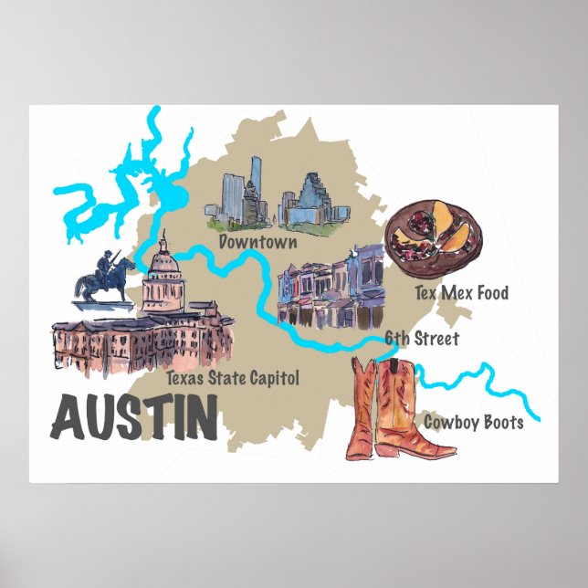 Póster Mapa do Texas Austin (Frente)