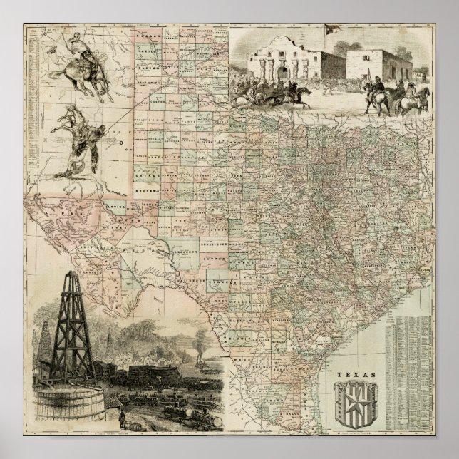 Póster Mapa do Texas com o County Borders (Frente)