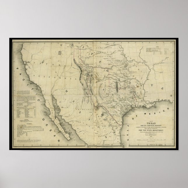 Póster Mapa do Texas e dos países adjacentes em 1844 (Frente)