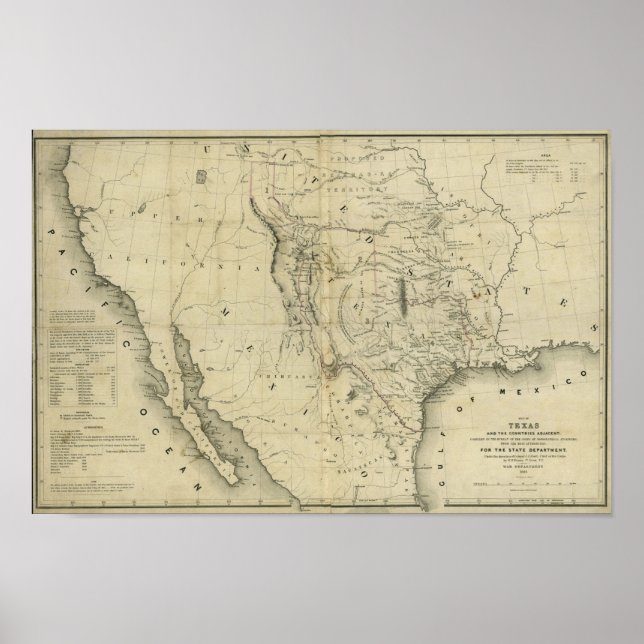 Póster Mapa do Texas e dos países adjacentes em 1844 (Frente)