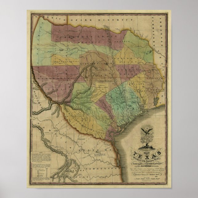Póster Mapa do Texas em 1837 com Partes dos Estados limít (Frente)