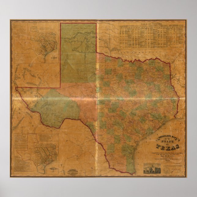Poster Mapa do Texas em 1857 (Frente)
