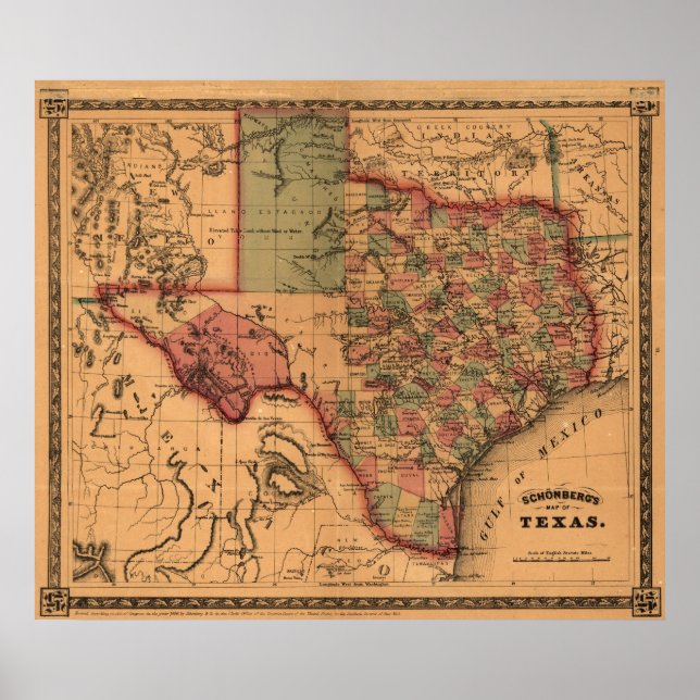 Poster Mapa do Texas em 1866 (Frente)