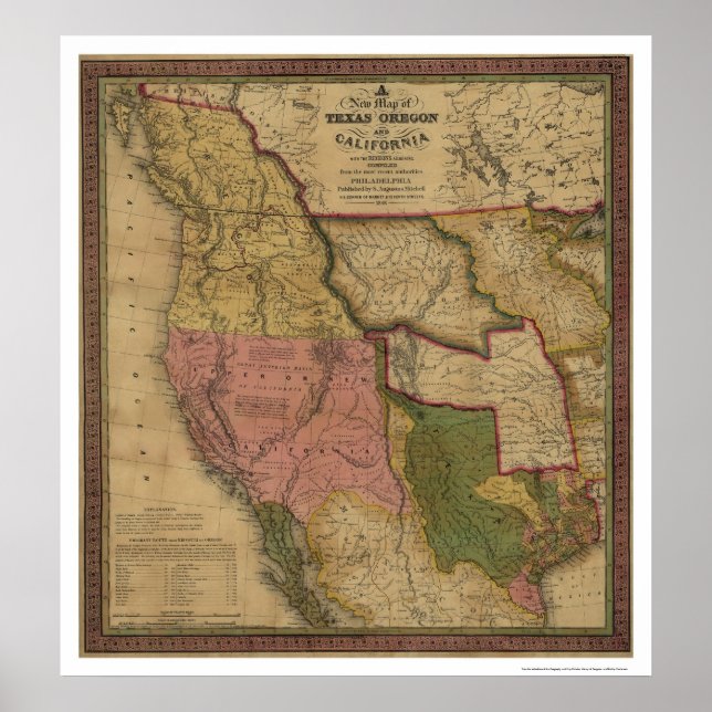 Poster Mapa do Texas, Oregon e Califórnia - 1846 (Frente)