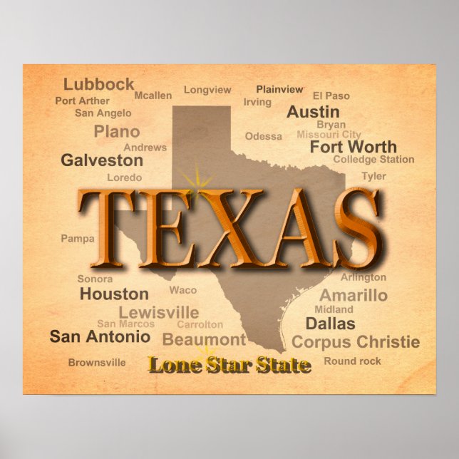 Poster Mapa do Texas Vintage (Frente)