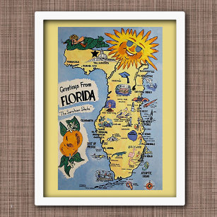 Poster Mapa do turismo de saudações da Flórida Vintage