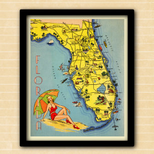 Poster Mapa do Turismo na Flórida Vintage 1947