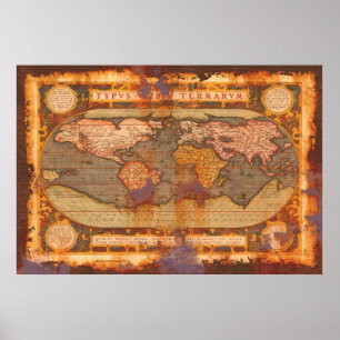 Póster Mapa do Velho Mundo de Ortelius em Estilo Rusty Gr