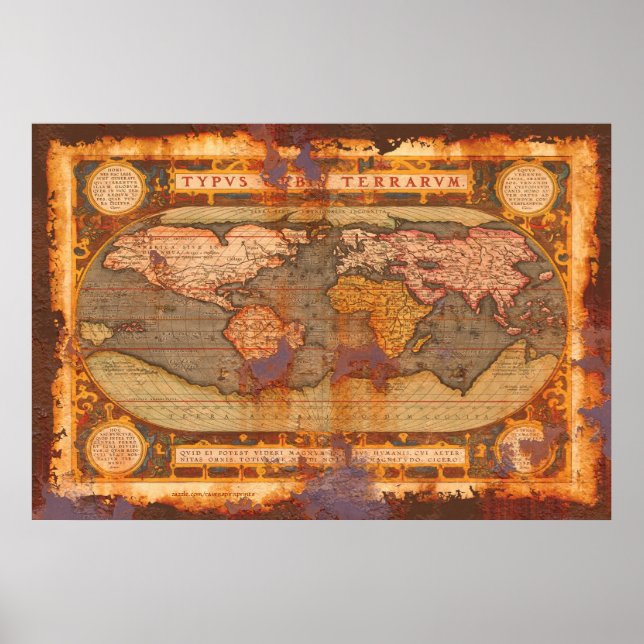 Poster Mapa do Velho Mundo de Ortelius em Estilo Rusty Gr (Frente)
