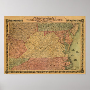 Póster Mapa do vintage 1861 de Virgínia, de Maryland & d