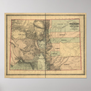 Poster Mapa do vintage 1862 do território de Colorado