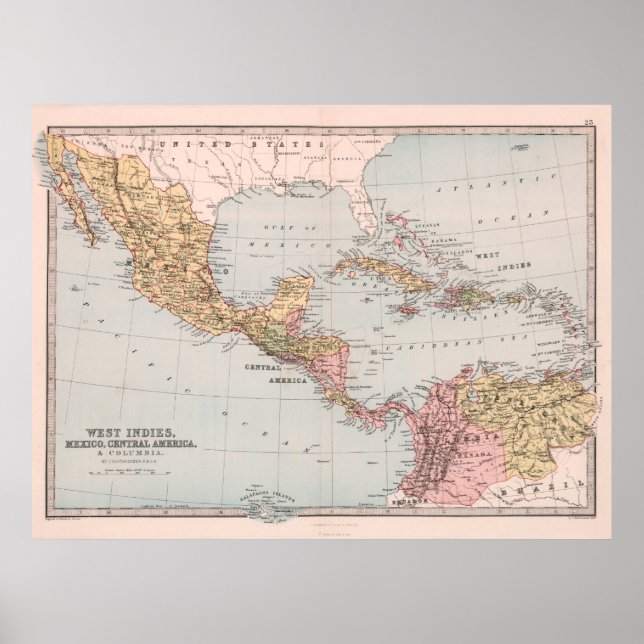 Poster Mapa do Vintage Caribe & América Latina (1871) (Frente)