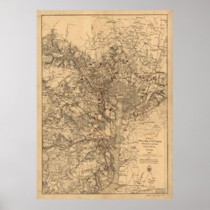 Póster Mapa do vintage da área do Washington DC (1865)