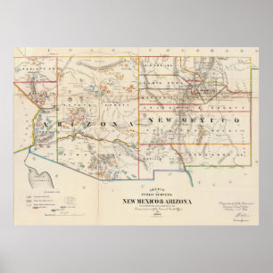 Póster Mapa do vintage da arizona e do New mexico (1866)