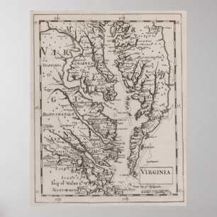 Poster Mapa do vintage da baía de Chesapeake (1681)
