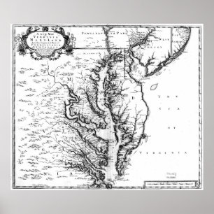 Poster Mapa do vintage da baía de Chesapeake (1719) BW
