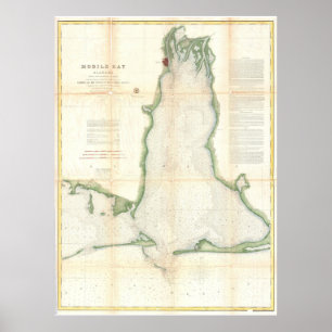 Póster Mapa do vintage da baía móvel Alabama (1856)