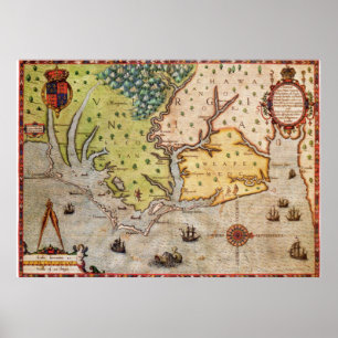 Póster Mapa do vintage da costa de North Carolina (1591)