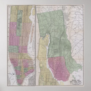 Póster Mapa do vintage da Nova Iorque (1863)