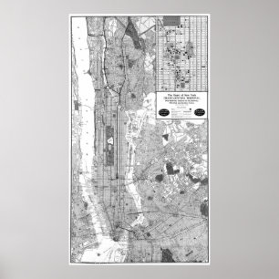Póster Mapa do vintage da Nova Iorque (1918) BW