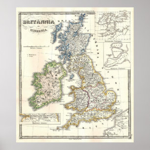Poster Mapa do vintage das ilhas britânicas (1855)