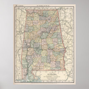 Póster Mapa do vintage de Alabama (1891)