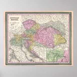 Poster Mapa do vintage de Áustria, 1853