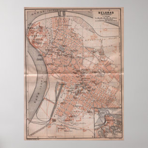 Póster Mapa do vintage de Belgrado Serbia (1905)