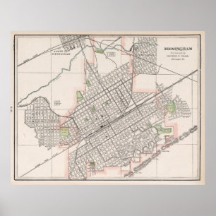 Poster Mapa do vintage de Birmingham Alabama (1901)