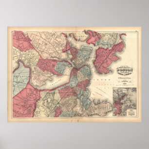 Poster Mapa do vintage de Boston Massachusetts (1871)