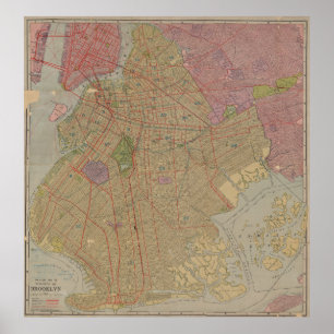 Poster Mapa do vintage de Brooklyn NY (1911)