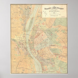 Poster Mapa do vintage de Budapest Hungria (1884)