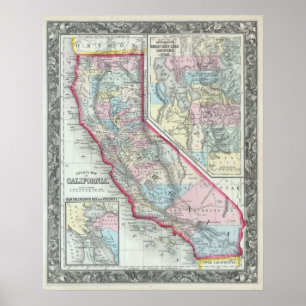 Poster Mapa do vintage de Califórnia (1860)