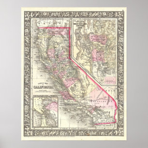 Poster Mapa do vintage de Califórnia, 1866