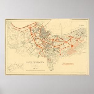 Poster Mapa do vintage de Casablanca Marrocos (1917)