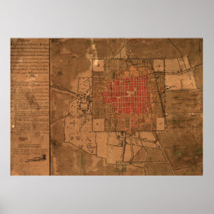 Póster Mapa do vintage de Cidade do México México (1800