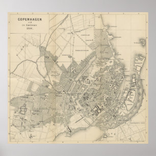 Poster Mapa do vintage de Copenhaga Dinamarca (1886)