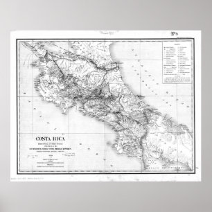 Póster Mapa do vintage de Costa Rica (1903) BW