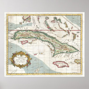 Poster Mapa do vintage de Cuba e de Jamaica (1763)