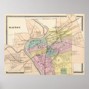 Poster Mapa do vintage de Dayton Ohio (1872)