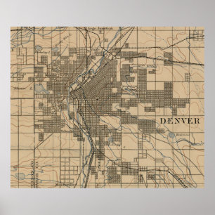 Poster Mapa do vintage de Denver Colorado (1888)