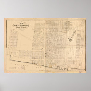 Poster Mapa do vintage de Detroit MI (1835)