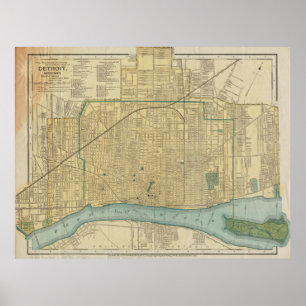 Poster Mapa do vintage de Detroit Michigan (1895)
