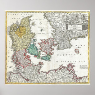 Póster Mapa do vintage de Dinamarca (1730)