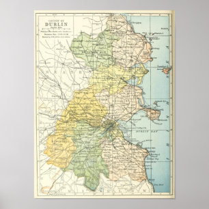 Póster Mapa do vintage de Dublin e de arredores (1900)