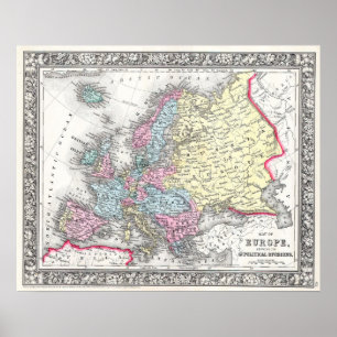 Poster Mapa do vintage de Europa, 1860