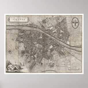 Póster Mapa do vintage de Florença Italia (1847)